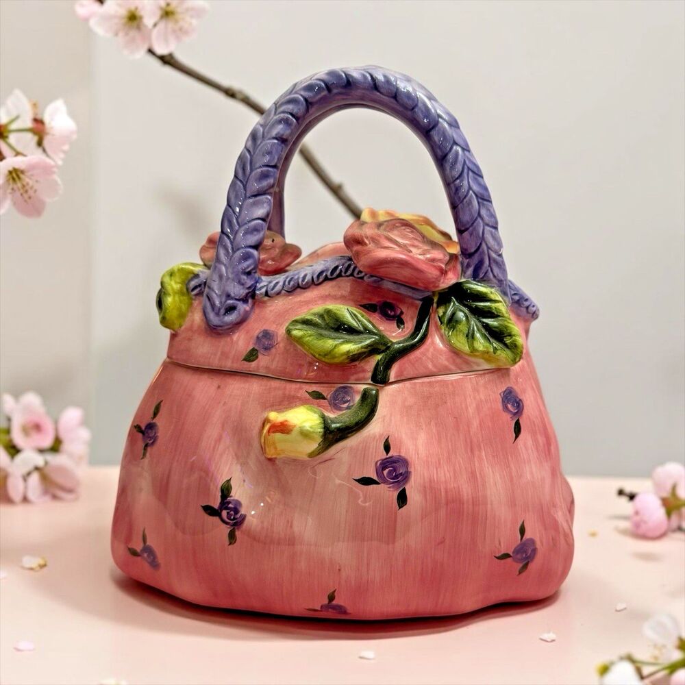 Vintage Ceramic Purse Handbag Cookie Jar Pink Purple Floral 10" Decorative